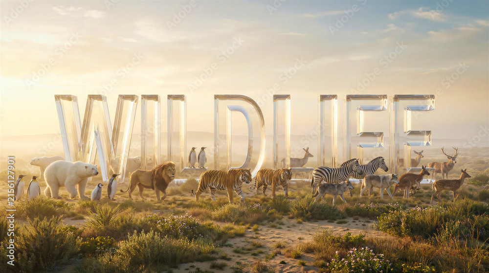 Naklejka premium Animals gathered around large glass letters spelling wildlife. Nature, conservation, biodiversity, education.