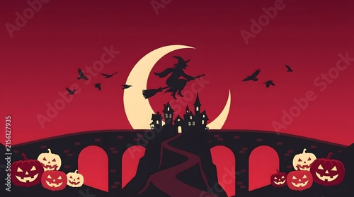 Witch flying on broom over haunted castle on halloween