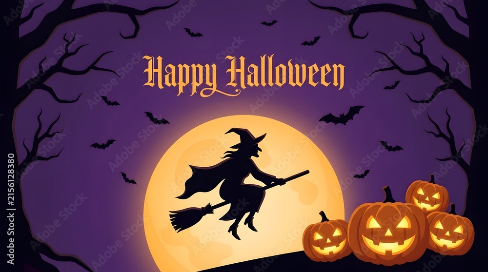 Fototapeta premium Witch flying on broom with pumpkins for happy halloween