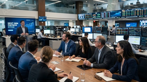 Focused business team having a corporate meeting in modern stock trading office