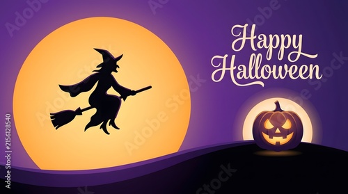 Happy halloween witch flying on broomstick with pumpkin