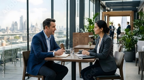 Confident adult business man and woman discussing project at rooftop terrace
