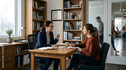 Focused Adult Woman Talking During Meeting Inside Modern Office Setting