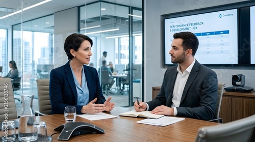 Confident middle-aged businesswoman talking to young male colleague in modern office