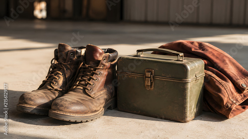 Worn work boots, a metal toolbox and folded workwear rest on a concrete floor in warm directional light.