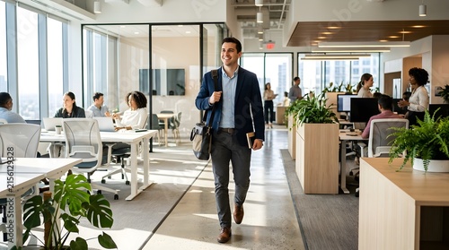 Happy young businessman walking through modern office interior space