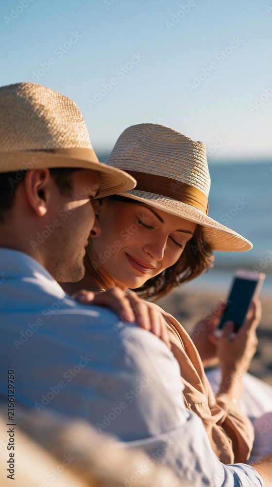 Fototapeta premium rear view of a couple embracing affectionately while taking a selfie photo with a smartphone on a bright beach, backs to camera, love and vacation concept, travel, togetherness,
