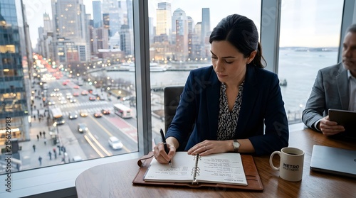 Focused adult woman writing notes inside modern corporate skyscraper office