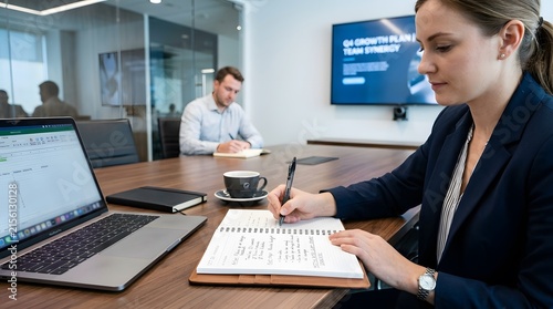 Focused young businesswoman writing notes during modern corporate conference room meeting