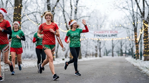 Diverse group of female runners wearing festive Christmas elf and Santa hats competing in a holiday charity run crossing the finish line in a snowy outdoor park with fairy lights.
