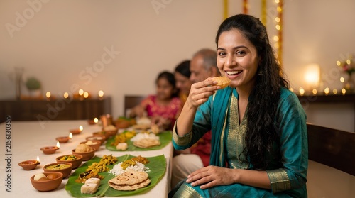 Smiling Indian woman in teal dress eating with her multi-generational family at a dining table decorated with oil lamps and traditional vegetarian food served on banana leaves.