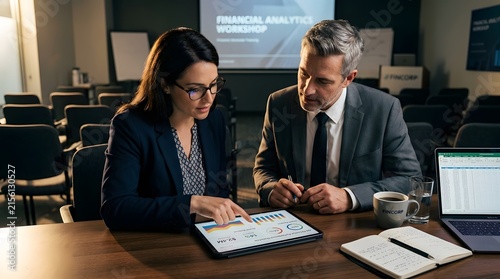 Focused adult business colleagues analyzing financial data on tablet workshop