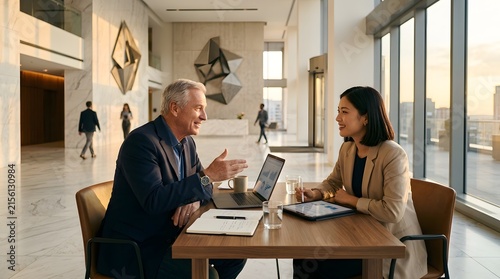 Confident senior man and young woman meeting in corporate office lobby