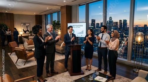Happy multiethnic business team clapping hands in modern corporate office