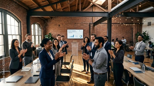 Happy Young Business Team Clapping Hands Together in Modern Office