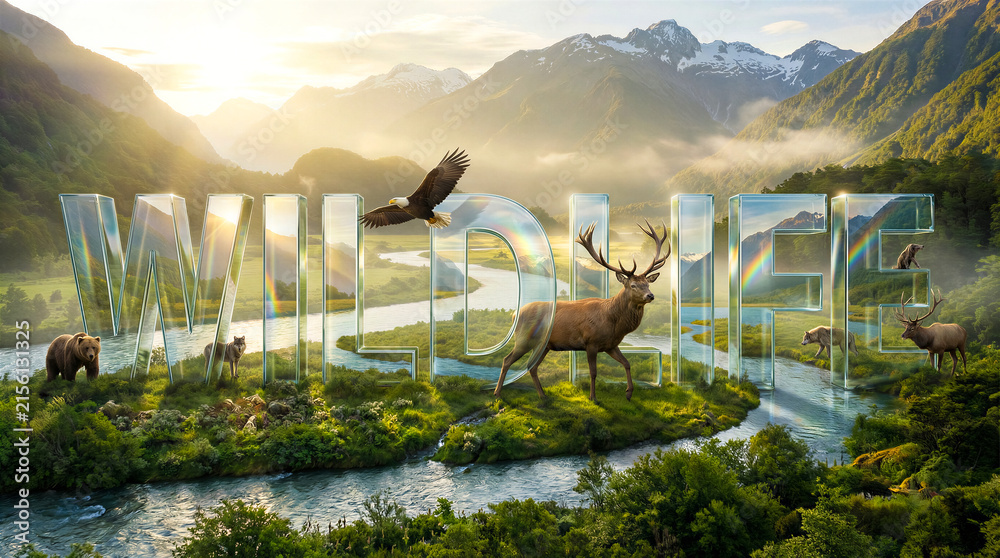 Fototapeta premium Wildlife letters made of glass with animals in mountain valley. Nature conservation, eco tourism, wildlife photography, national park.