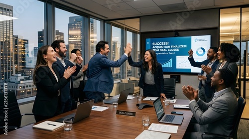 Excited Young Business Team High Fiving Celebrating Corporate Success Indoors