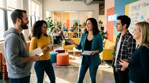 Happy young diverse coworkers brainstorming together in creative startup office