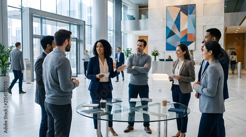 Confident Young Business Team Collaborating During Corporate Meeting in Lobby