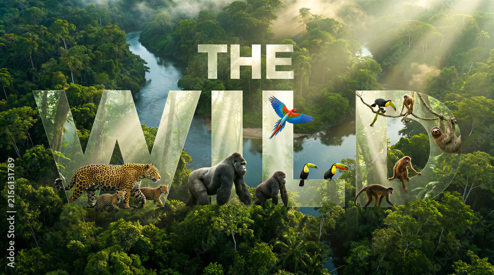 Obraz premium Wildlife animals in jungle with river and sun rays. Nature documentary, conservation, education, wildlife tourism.