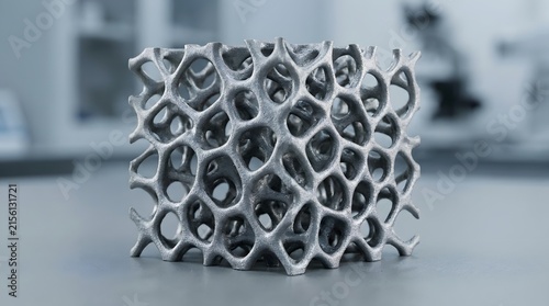 3D titanium porous medical implant structure for bone surgery and dental restoration close-up