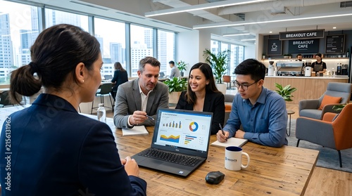 Focused business team collaborating during a financial presentation in modern office