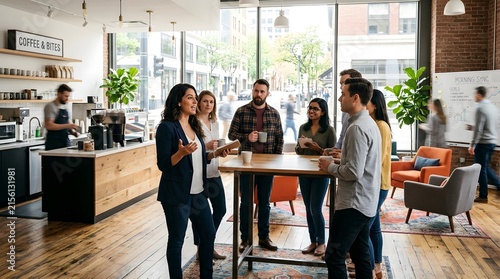 Confident Young Businesswoman Speaking During Team Meeting in Bright Cafe