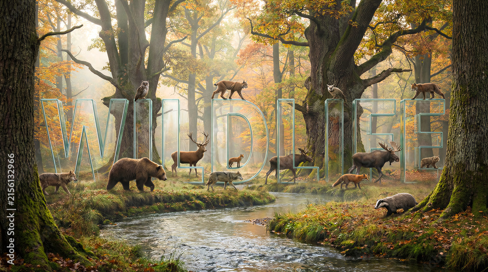 Naklejka premium Wildlife animals in autumn forest with river. Deer, bear, fox, wolf, badger, lynx, owl. Nature conservation, eco tourism, wildlife documentary.