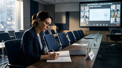 Focused Young Businesswoman Writing in Notepad During Conference Meeting