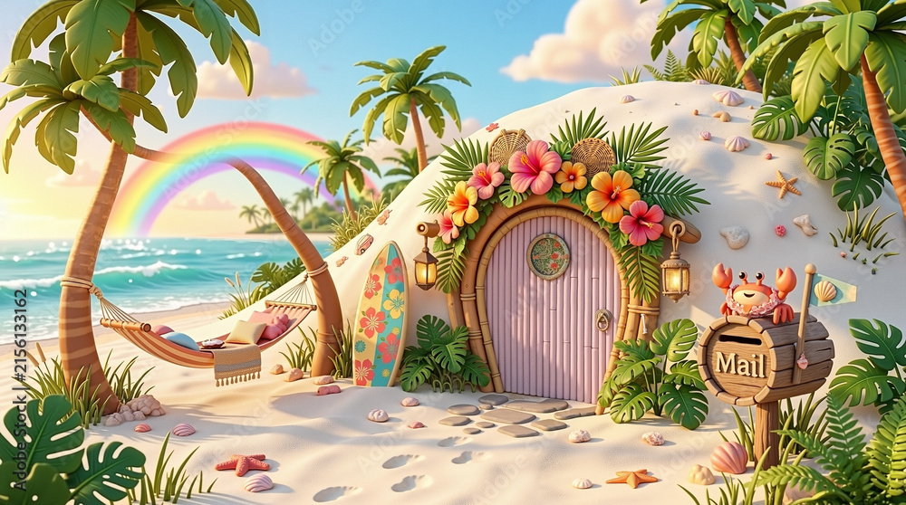 Fototapeta premium Tropical beach cottage with flowers and a rainbow by the ocean 