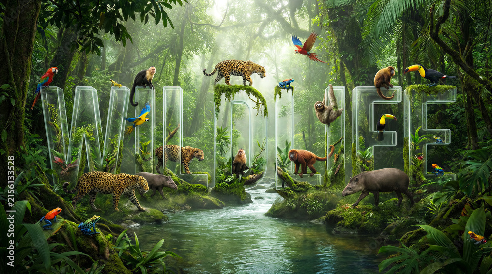 Obraz premium Wildlife letters in jungle scene with animals like jaguars, monkeys and toucans. Conservation, eco tourism, nature education.