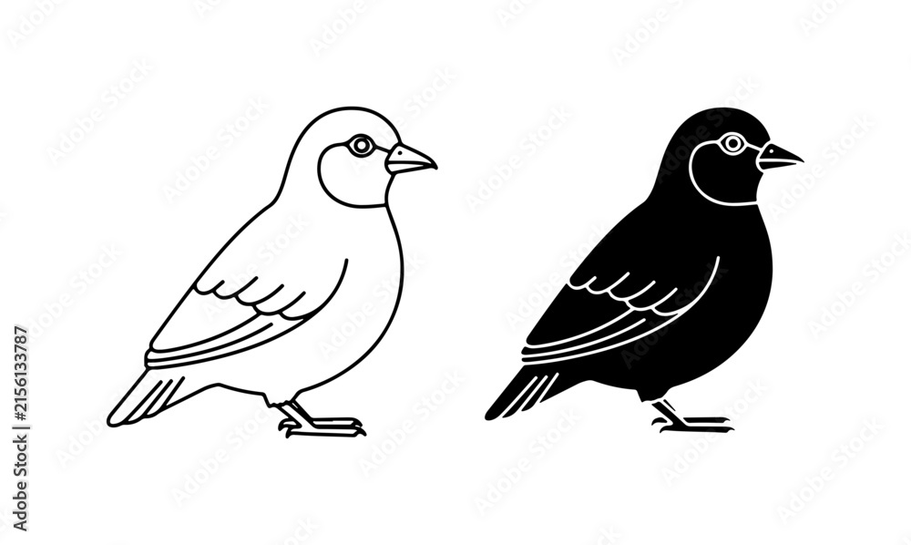 Fototapeta premium Two Bird Silhouettes, Outline and Solid Black Vector Icons for Nature and Wildlife Designs
