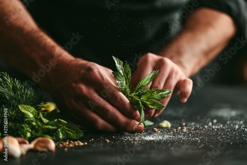 Chef Preparing Fresh Herbs in Dark Kitchen