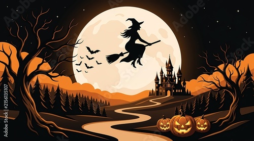 Witch flying on a broomstick in front of a full moon at halloween
