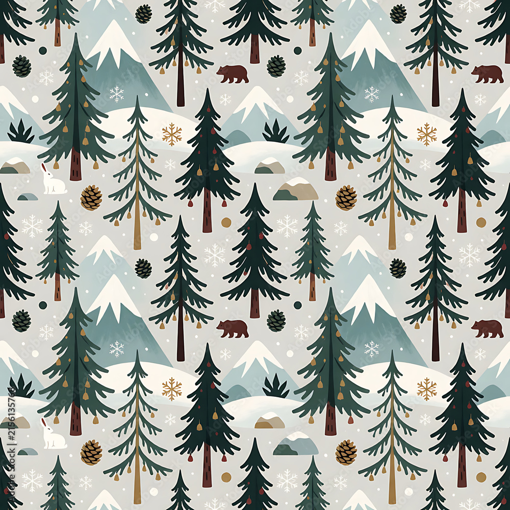 Obraz premium Seamless winter pattern with coniferous forest and mountains. Snow-covered fir trees, cones, bears, hares and snowflakes