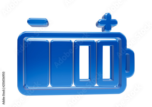 Konstfotografi Shiny blue 3d battery with plus and minus symbols indicating charge status on bl
