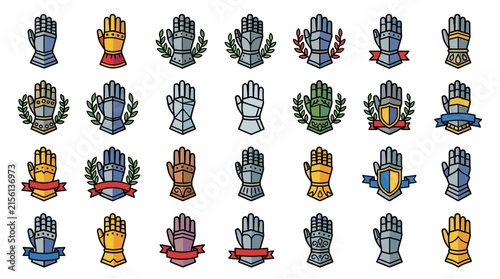 Medieval knight gauntlet armor icons set with heraldic elements