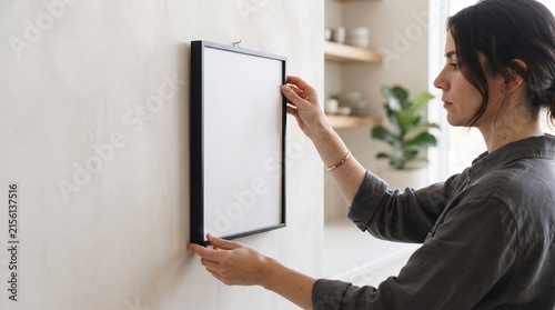 A woman hangs a framed picture on a wall in a brightly lit room, showcasing a minimalist and stylish interior design.