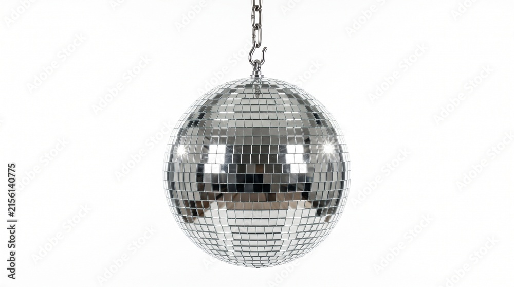 Obraz premium Shiny silver disco ball hanging from metal chain against white background with captures mirrored disco suspended chain entertainment entertaining