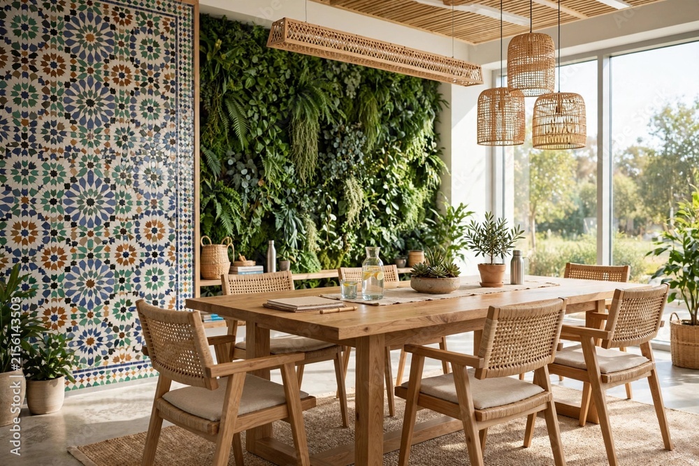 Fototapeta premium Sustainable conference room with moroccan zellige pattern wall and green living wall background, wooden meeting table, luxury eco corporate boardroom