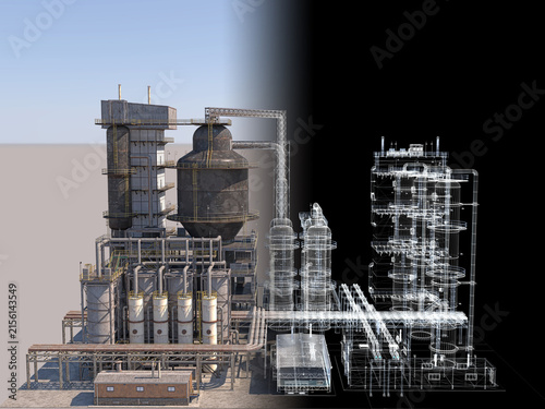Oil and gas refining plant isolated on white background, industrial facility 3D rendering