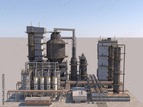 Oil and gas refining plant isolated on white background, industrial facility 3D rendering