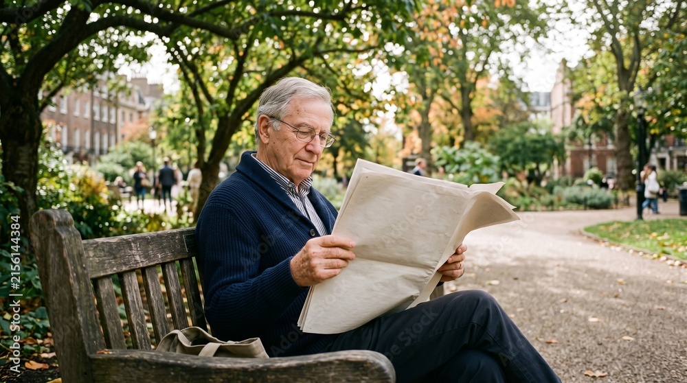 Fototapeta premium Elderly man reading newspaper on park bench in autumn surrounded by trees and buildings