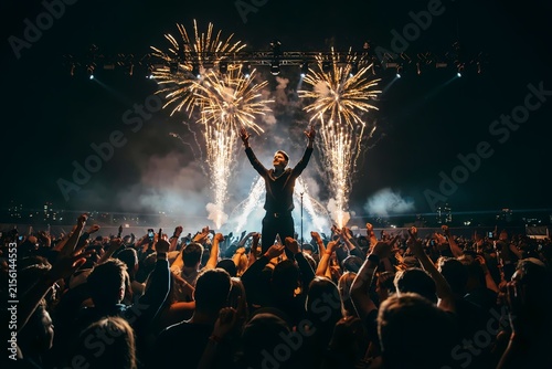 A vibrant nighttime concert experience with bright fireworks exploding over a festival stage, showcasing a silhouette of a person with raised arms amidst a cheering and enthusiastic crowd