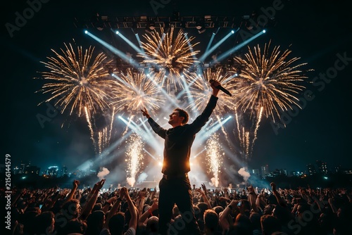 A singer holding a microphone aloft on a crowded outdoor concert stage illuminated by dazzling fireworks and bright overhead spotlights against a dark evening sky