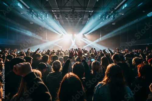 A wide angle view of an energetic crowd at a live concert with dramatic stage lights beaming down onto raised hands and excited music fans inside a large dark auditorium venue
