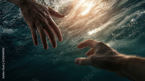 Jesus reaching out to save Peter beneath the waters in a moment of faith and rescue.