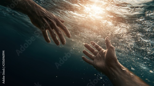 Jesus reaching out to save Peter beneath the waters in a moment of faith and rescue.