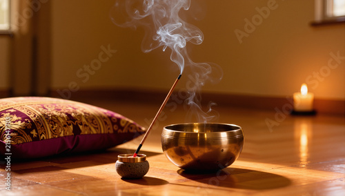 meditation room with singing bowl, incense stick, smoke, pillow and candle
