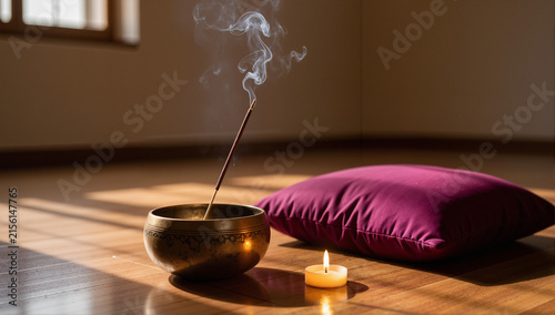meditation room with singing bowl, incense stick, smoke, pillow and candle
